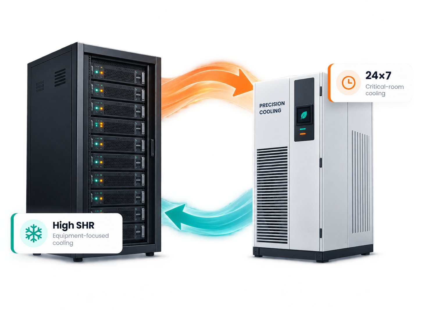 Precision cooling system circulating warm and cooled air around a server rack